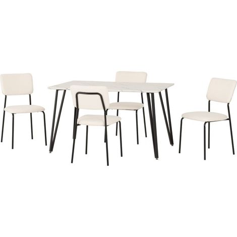 Marlow & Sheldon Indoor Dining Set with 4 Chairs - White Marble/Ivory Boucle Fabric