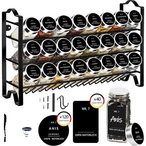 Estantería de almacenamiento de tres niveles, incluye 24 frascos de vidrio, juego de frascos para condimentos, tamaño mediano, 3 niveles. (1/2)