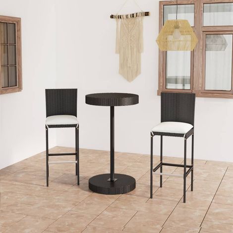 Ensemble Table de bar + 2 Chaises de bar de jardin - Table Haute avec 2 Tabourets et coussins Résine tressée Noir BV537483 - BonneVie (1/5)