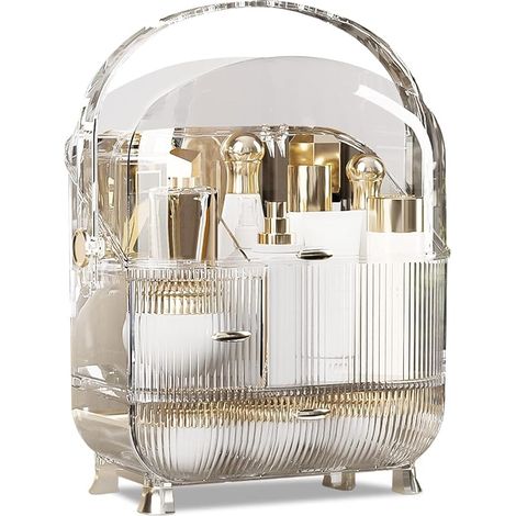 Série RétroGrande Capacité Anti-Poussière Bouteille Haute Organisateur Maquillage Bureau Tiroirs Rangement de Bijoux en Plastique - Blanc hautement translucide (1/5)