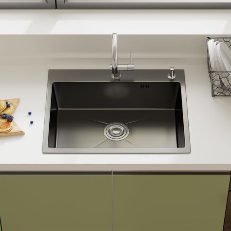 STANEW Lavello da cucina con 1 vassoio 50 x 45 cm, lavello da incasso, fori per rubinetti e dispenser di sapone, grigio pistola