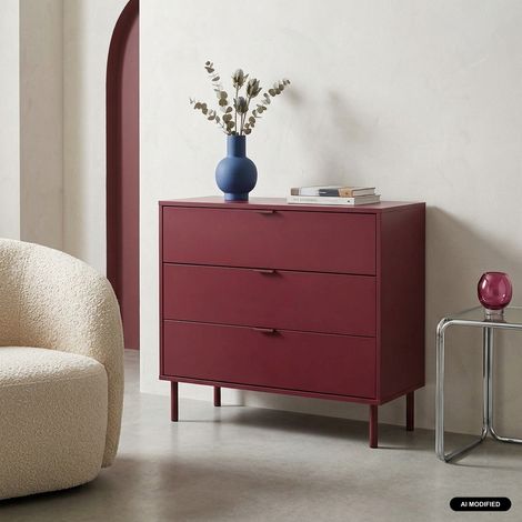 sweeek - Commode décor bois et métal 3 tiroirs bordeaux - Ellie (1/4)