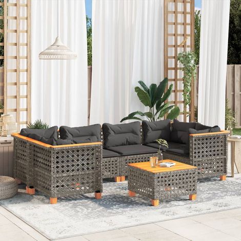 Set de sofás de jardín 7 pzas con cojines ratán sintético gris vidaXL (1/5)