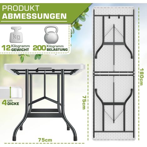 tillvex Gartentisch 180x75cm Weiß klappbar Kunststoff Buffettisch mit Tragegriff Klapptisch für Garten Terrasse und Balkon Campingtisch 6 Personen