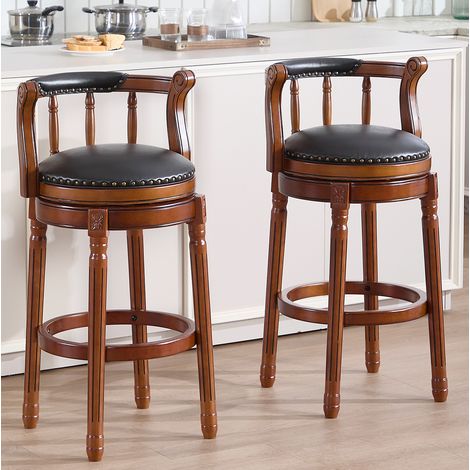 Tabouret de bar pivotant 360° avec dossier, cuir noir et structure en bois, 96 cm (1/5)