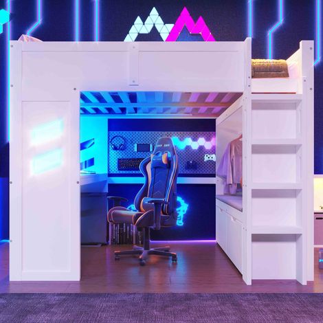 lit mezzanine gaming 140x200 cm bureau LED USB USB-C tiroir penderie échelle blanc lit ado bureau intégré sans matelas