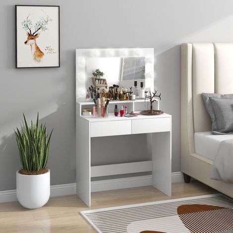 Table de maquillage blanche 80x40x135 cm avec miroir, 10 spots LED dimmables, 2 tiroirs et 3 compartiments de rangement (1/5)