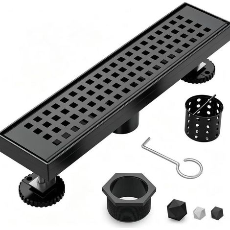 Caniveau de douche linéaire, caniveau de 12 pouces avec grille amovible, caniveau de douche en acier inoxydable, noir. (1/5)