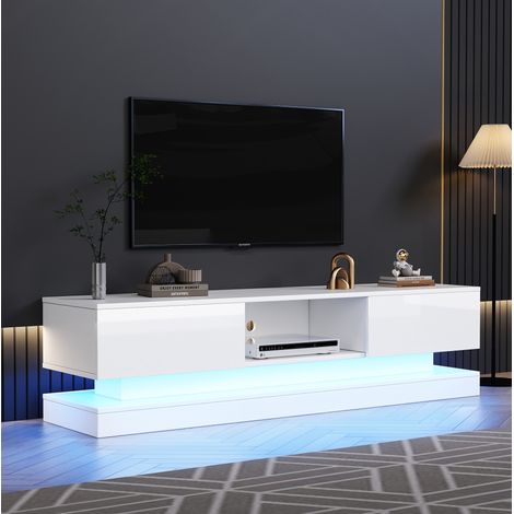 Meuble TV 160x35x40.5 cm blanc en panneaux de particules avec LED, 2 tiroirs et système anti-basculement (1/5)