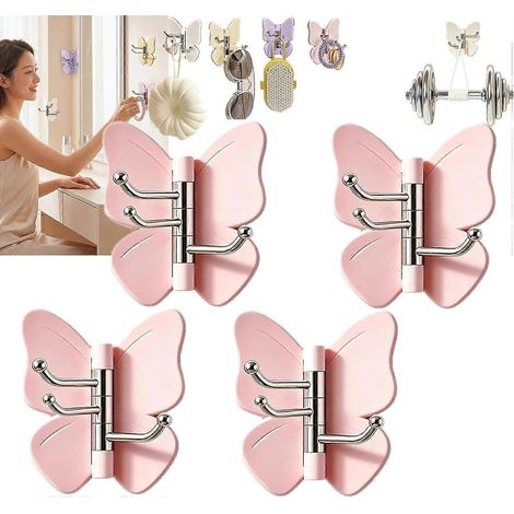 Crochets papillon rotatifs adhésifs muraux lot de 4 à 3 branches pivotantes ailes réglables adhésif puissant rose sans perçage (1/5)