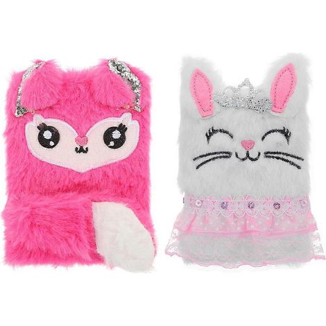 Lot de 2 carnets à couvertures duveteuses avec des motifs de renard et de lapin, journal intime pour filles, cadeau de Pâques pour enfants-11X8.5CM