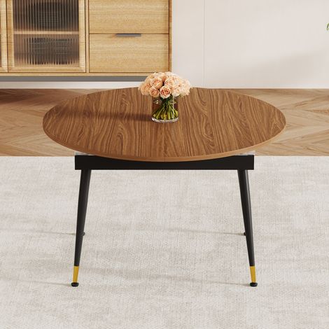 Table à manger ovale extensible effet noyer avec plateau en MDF et pieds en métal noir (1/5)