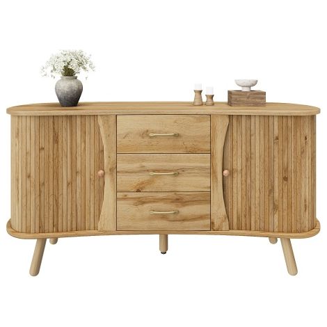 Buffet Scandinave Moderne en Panneaux de Fibres à Densité Moyenne (MDF), avec Surface Texturée, 2 Portes Coulissantes, 3 Tiroirs Extensibles et Compartiments Réglables en Hauteur, Pieds en Bois Massif