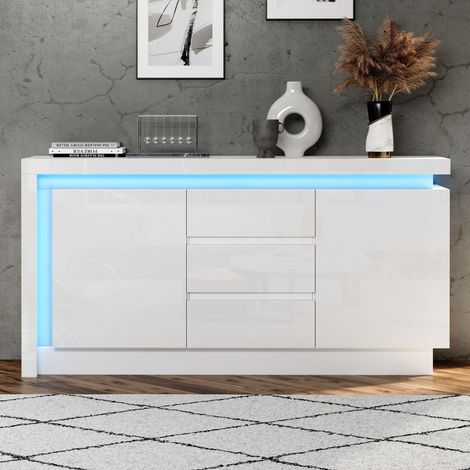 Credenza in truciolare bianco 140 x 35 x 72 cm, 2 ante, 3 cassetti, ripiani regolabili, LED