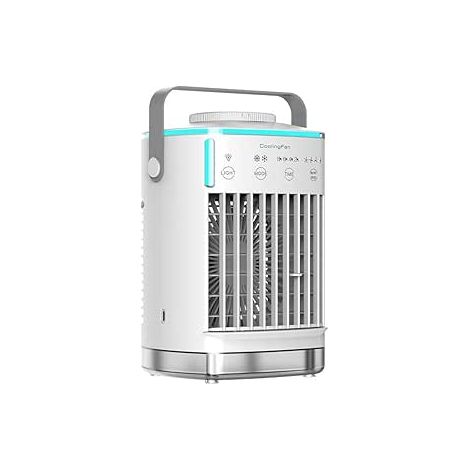 Refroidisseur d'air portable, mini climatiseur 4 en 1, 2 brumes froides, 4 vitesses de vent, 7 lumières RVB et minuterie, ventilateur de refroidissement à usage personnel pour la maison, le bureau, la (1/5)