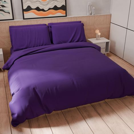 Parure de lit Une Place et demie 200 x 200 cm (2 taies d'oreiller 75 x 50 cm incluses), Housse de Couette Douce en Microfibre Couleur Unie Violet (1/5)