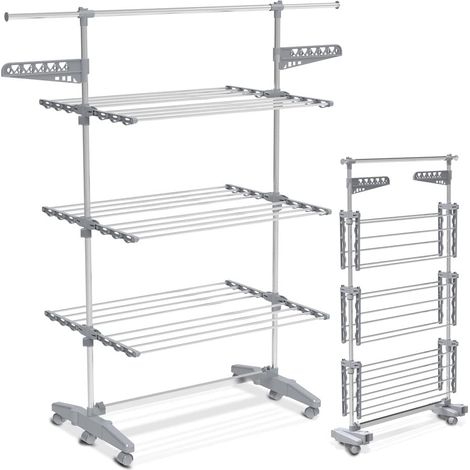 Séchoir à Linge Pliable avec roulettes Grande Capacité Etendoir en Acier Inoxydable Ailes Pliables sur 3 Niveaux 23m de Séchage pour Usage Intérieur/Extérieur (1/5)