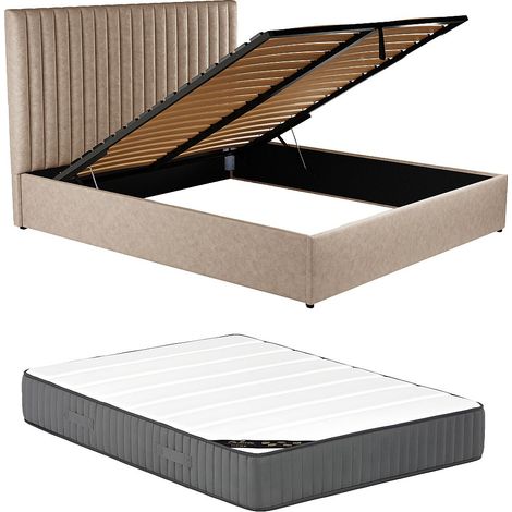 Lit coffre 160 x 200 cm avec tête de lit coutures verticales - Tissu - Taupe + Matelas - SARAH