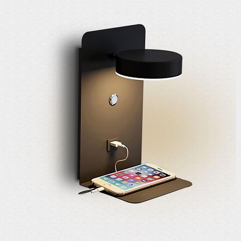 Applique murale LED d'intérieur avec port USB, 12 W, tricolore, à intensité variable, style moderne avec interrupteur, lampe de lecture, lampe de chevet, pivotante à 330°, veilleuse, noire (1/4)