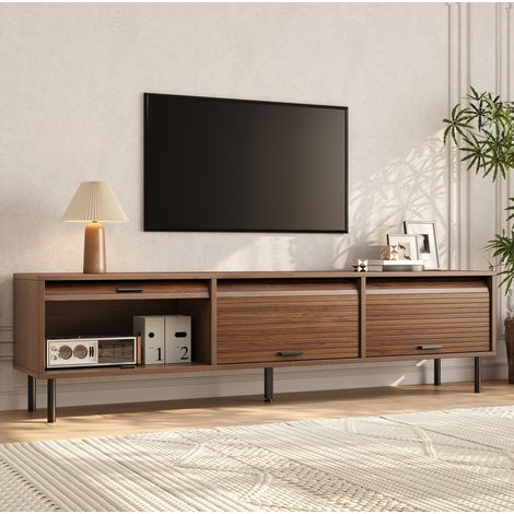 Meuble TV bas 180x40x55 cm, 3 portes coulissantes à relief vertical, MDF et PB, noyer (1/5)