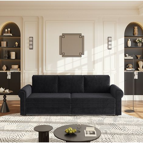 Canapé-lit coulissant 238 x 90 x 98 cm en velours noir, 3-en-1 pour salon FloraGrace (1/5)