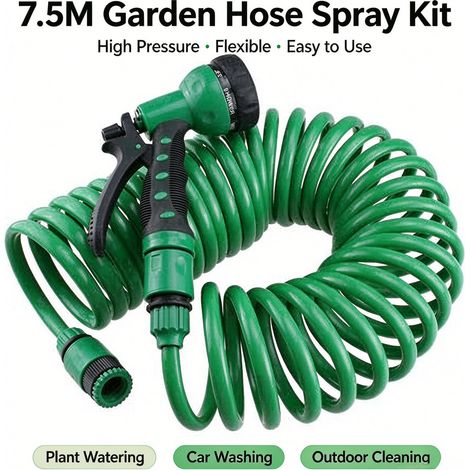 Kit pistolet d’arrosage jardin 7,5 m, tuyau spiralé haute pression, flexible pour plantes, voiture, nettoyage extérieur, pratique et résistant (1/4)