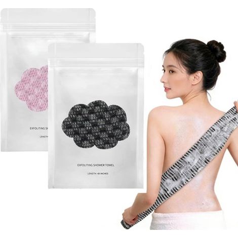 2 serviettes de douche exfoliantes, 1 éponge exfoliante pour le corps de 120 cm, éponge double face pour le dos à utiliser sous la douche, pour peaux (1/5)