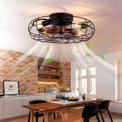 Ventilatore da soffitto con luce 50 cm, plafoniera ventilatore in stile industriale per camera da letto e soggiorno, gabbia retrò in metallo, 7 pale e telecomando, Nero (1/5)