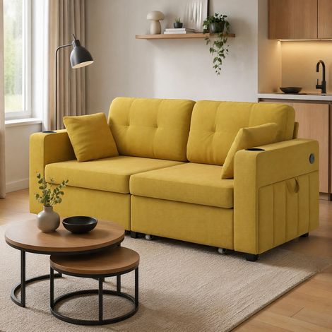 Divano a 2 posti 172/75/82 cm in chenille senape con portabicchieri, USB e contenitori laterali (1/5)