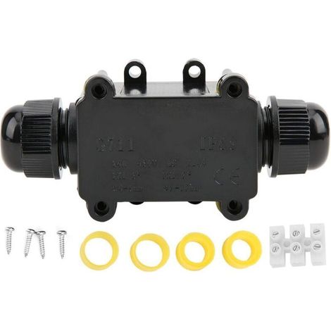 IP68 weatherproof junction box for outdoor cables – 2-way, adjustable cable glands (4–15 mm), black