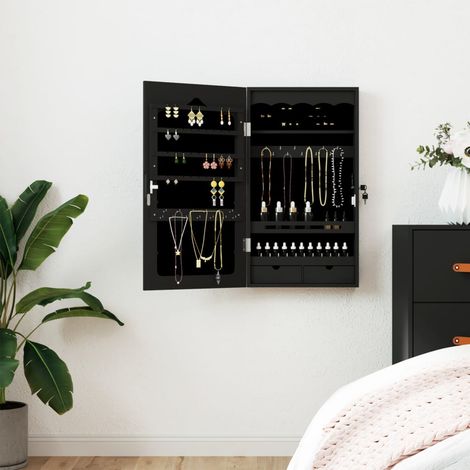 Armoire à bijoux, Boîte à Bijoux, Organisateur de bijoux avec miroir murale noir 37,5x10x67 cm LKOWF68473 (1/5)