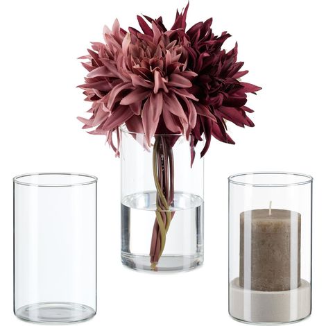 Grand Vase en Verre, pour Votre Bouquet ou Votre Bougie, Set de 3, H x D : 15 x 9,5 cm, Transparent (1/5)