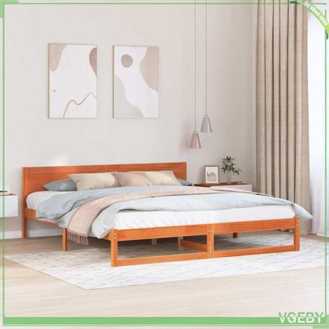 Cadre de lit - ABI - 200 x 200 cm - Pin massif - Brun cire - 2 places (1/5)