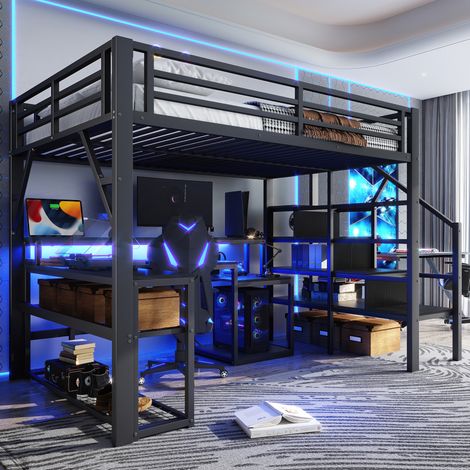 Lit mezzanine métal noir 140x200 cm avec bureau, rangements, LED et ports USB (1/5)