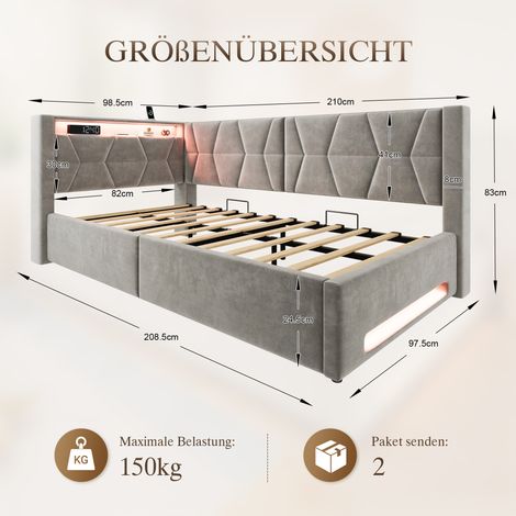 Cama tapizada de 90x200 cm con espacio de almacenamiento, cama de terciopelo con iluminación LED en cabecero y piecero, USB y Tipo-C, somier hidráulico, base de láminas, cama juvenil, cama individual  (1/5)