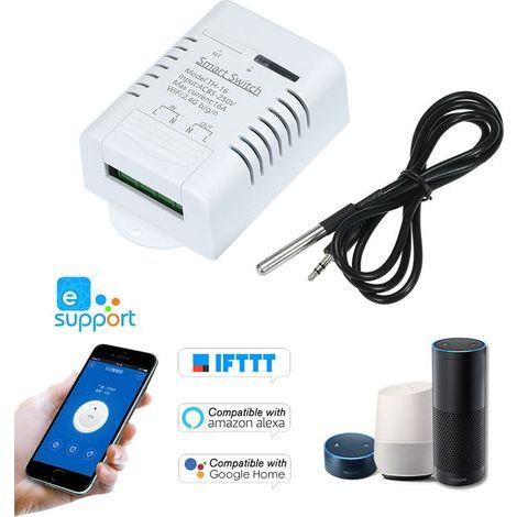 eWeLink TH-16 Smart Wifi Switch 16A/3500W Surveillance de la température Kit domotique sans fil avec capteur de température étanche DS18B20 Compatible avec Alexa Google Home/Nest, Modèle : Blanc (1/4)