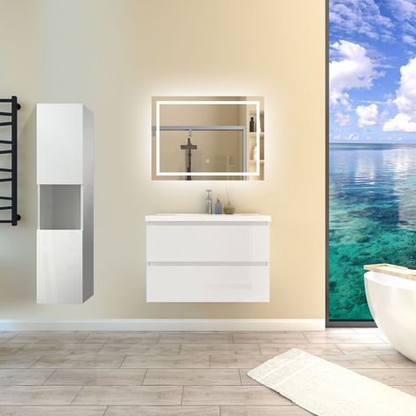 Ensemble de meubles de salle de bain Brillance Blanc 80cm, Vasque Céramique + 131.5cm Colonne + Miroir Lumineux avec 3 Couleurs