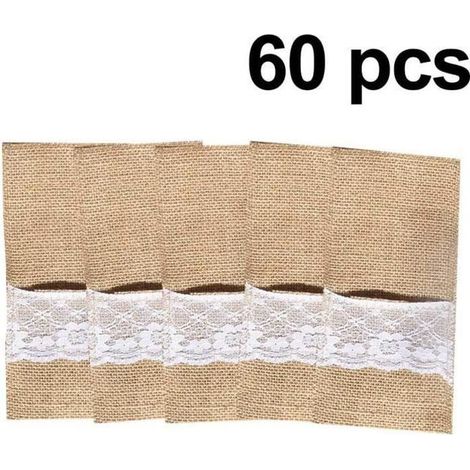 Porte-ustensiles en toile de jute - - Lot de 60 - Mariage vintage - Blanc - Mixte (1/4)
