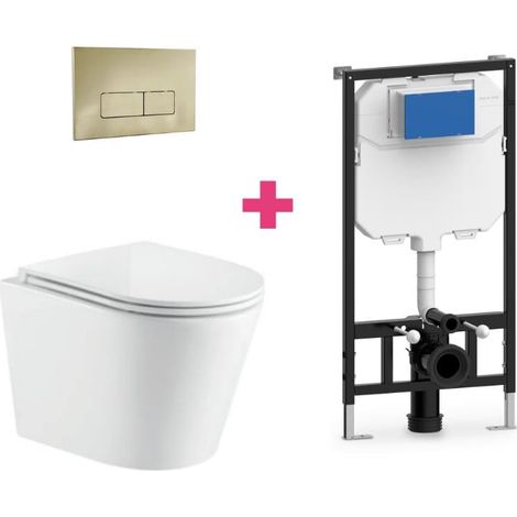 PACK inodoro suspendido cerámica TURIN con cisterna y pulsador Dorado rectangular