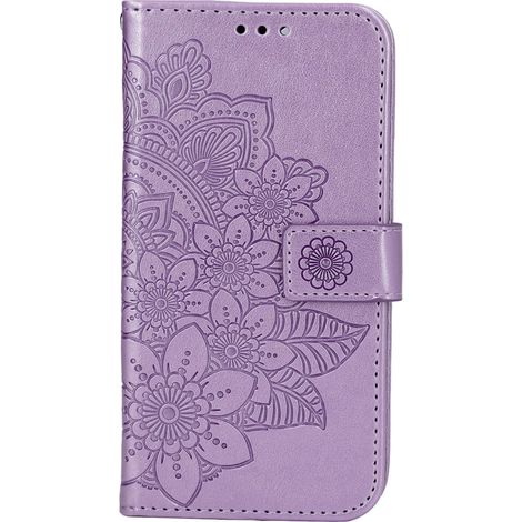 Étui portefeuille pour iPhone 13, violet, avec emplacement pour carte et support. Fabriqué en cuir PU à motif floral en relief.