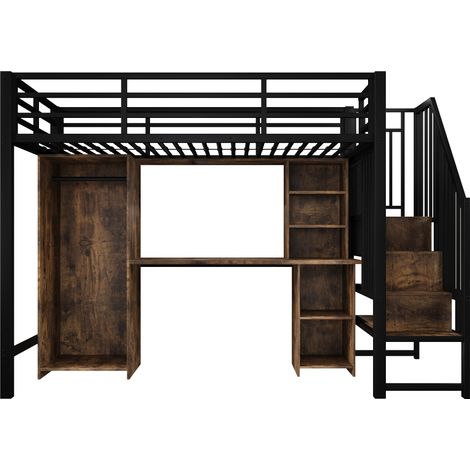 Lit mezzanine, 90 x 200 cm, cadre en fer, avec rangement, armoire, bureau, escalier avec rangements, sans matelas, noir
