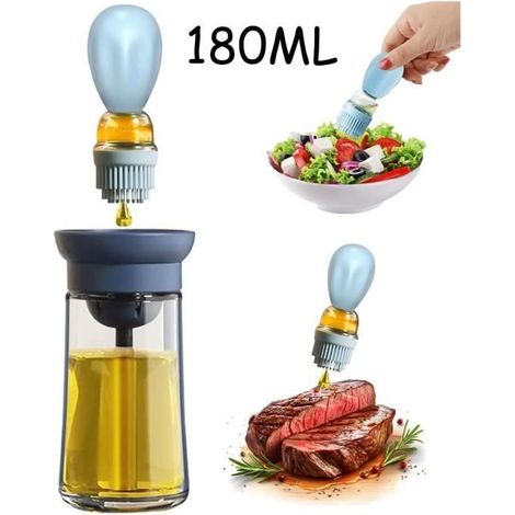 Bouteille d'Huile - Distributeur 2 en 1 - Verre et Silicone - 180ML - Bleu - Anti-fuite (1/4)