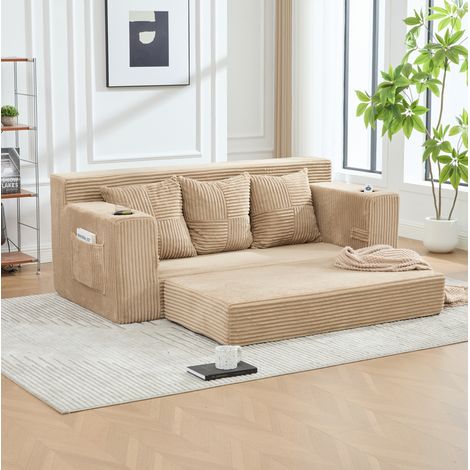 Canapé modulable 172x87x64 cm 2 places, gain de place, avec porte-gobelets et poches latérales, velours - kaki (1/5)