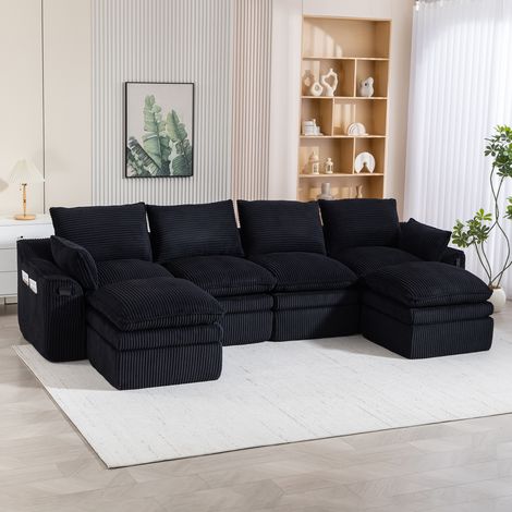 FloraGrace Canapé modulable 4 places, 335 x 167 x 85 cm, corduroy noir, 2 poufs, poches latérales, coussins (1/5)