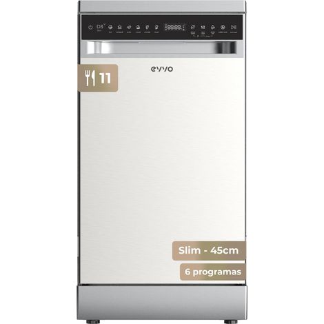 EVVO Lavavajillas D3YX Slim 45cm Libre Instalación 11 Cubiertos, 6 Programas, Panel Táctil, Inox