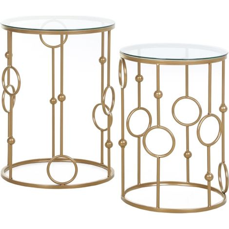 Set di 2 tavolini da salotto in metallo dorato con piano in vetro Ø41 x 57 cm (1/5)
