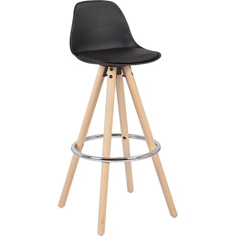 WOLTU Tabouret de Bar en Similicuir Siège de Cuisine Pied en bois avec Repose-Pied, Noir (1/4)