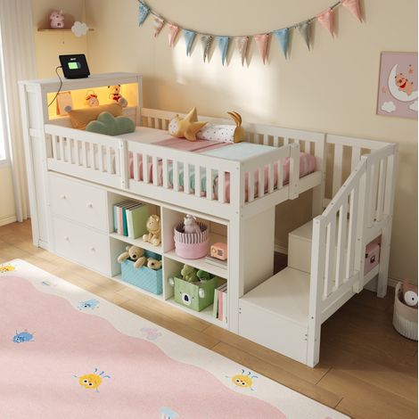 Halbhohes Bett 90x200 cm Weiß aus MDF und Kiefernholz mit Stauraum, Leiter, USB-Anschluss und LED-Beleuchtung (1/5)