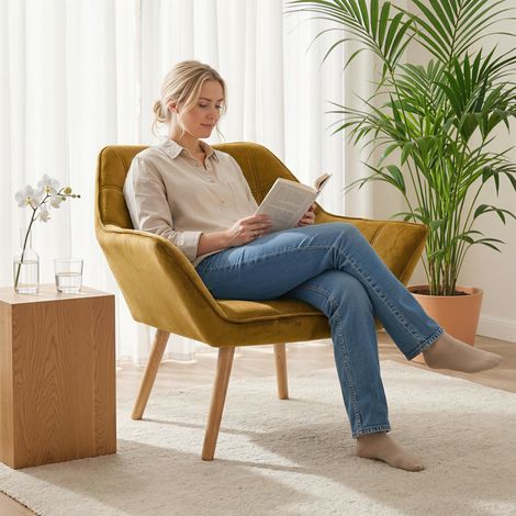 Fauteuil rembourré, fauteuil d'appoint, design scandinave, aspect velours, jusqu'à 120 kg, pieds en hévéa, jaune (1/5)