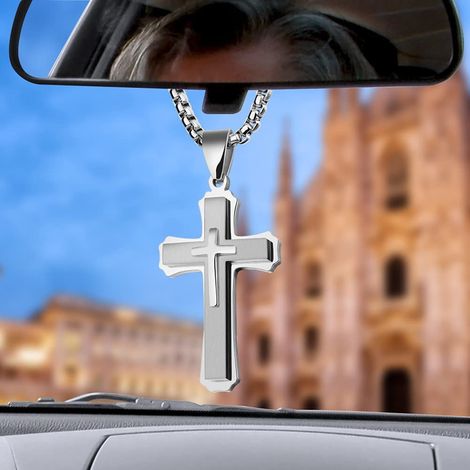 Cross - Rearview Mirror Pendant - Stainless Steel - For Car Truck Van - 46 x 28 mm - Silver Finish - 1 Piece (1/5)
